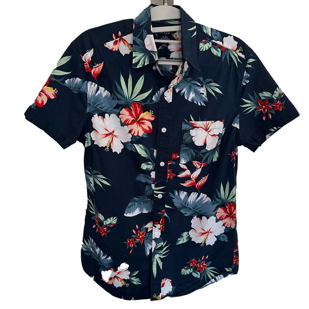 J. Crew Hawaiian Print Short Sleeve Button Down Navy Blue